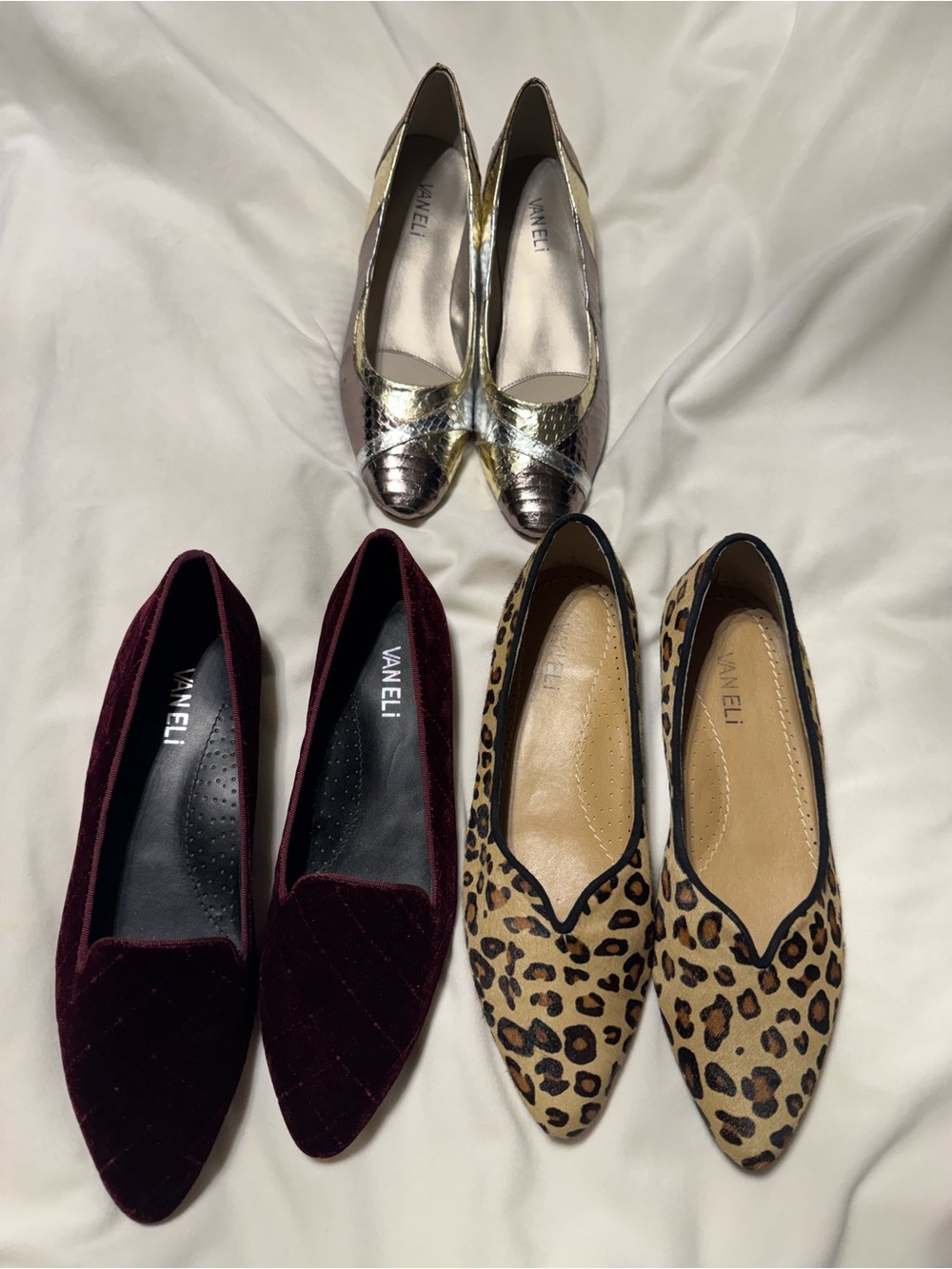 Vaneli Metallic Gold Flats, Leopard Print Loafers & Burgundy Velvet Flats